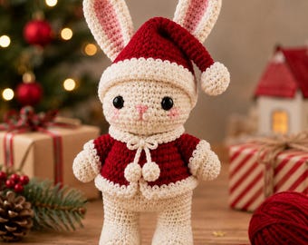 Patrón de ganchillo de conejito navideño en PDF, patrón de amigurumi de conejito de Papá Noel, peluche de conejo de ganchillo, patrón de ganchillo navideño, regalo hecho a mano