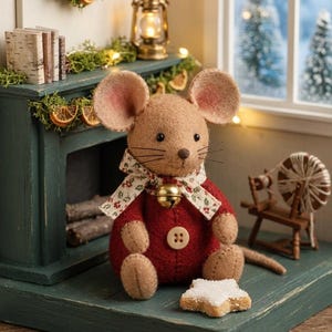 Può includere: Una bambola di topo di peluche fatta a mano con grandi orecchie, che indossa un vestito rosso e una sciarpa fantasia con una campana d'oro. Un biscotto a forma di stella è davanti al topo. La scena è ambientata in una stanza in miniatura a tema natalizio.