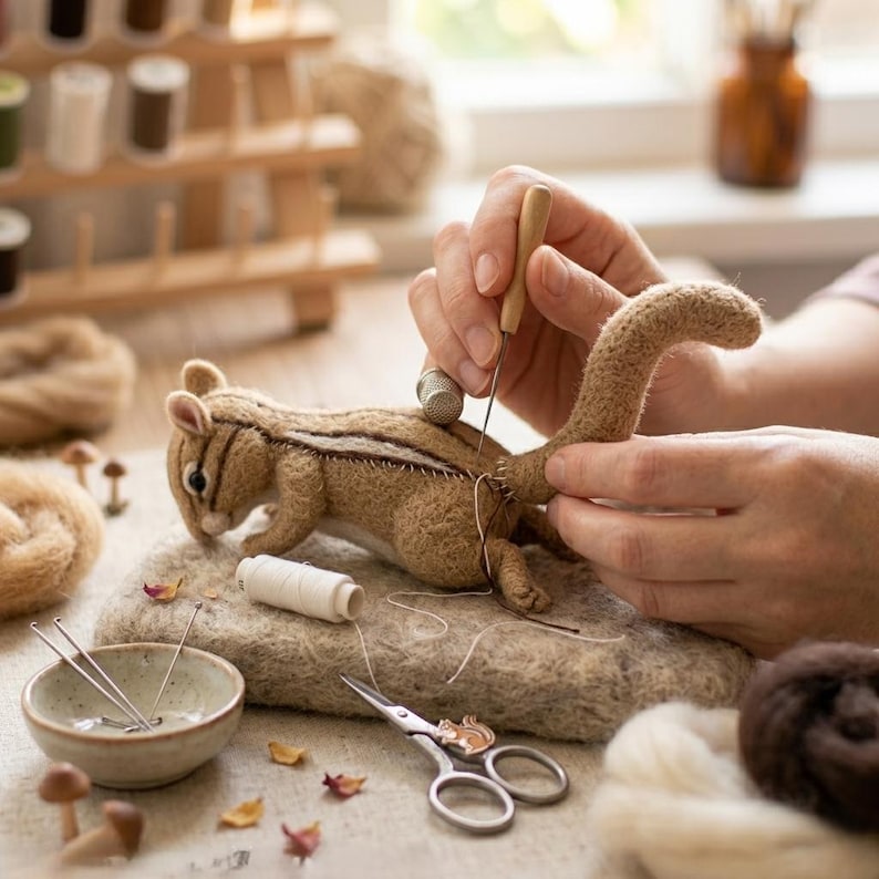 May include: A detailed craft project featuring a felted chipmunk being sewn. The chipmunk is brown with tan stripes. A thimble, needle, scissors, and thread are visible, along with other crafting supplies. The scene is set on a neutral-toned surface.