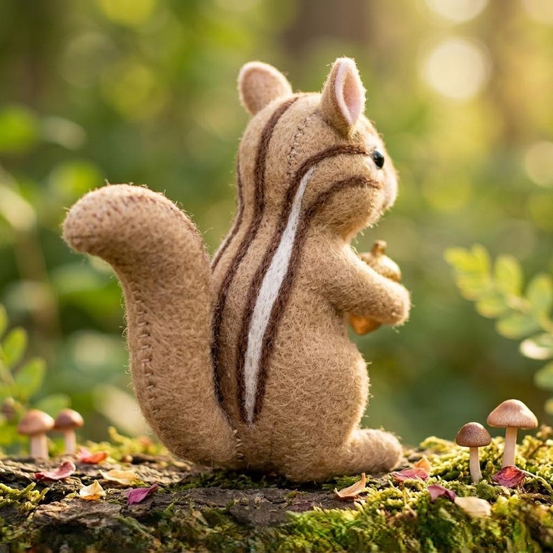 May include: A handcrafted plush chipmunk toy, in shades of brown with white and dark brown stripes, holding a small acorn. The chipmunk is positioned on a mossy log with miniature mushrooms, set against a blurred green background.