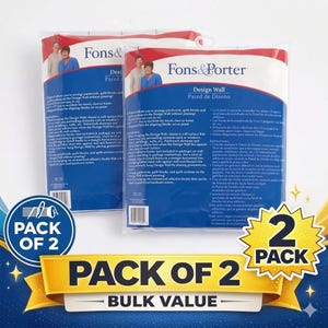 May include: A pack of two Fons & Porter Design Wall packages in clear plastic, featuring blue and white branding with instructional text. The packaging includes images of two people and specifies a size of 60 inches by 72 inches for quilting.