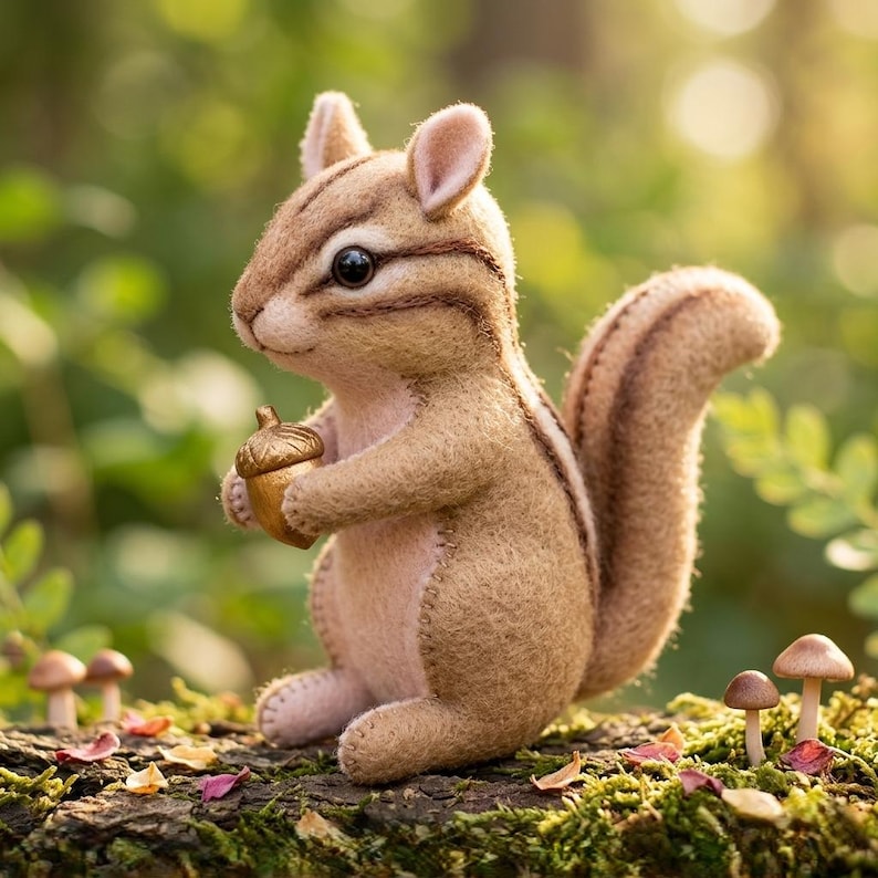 May include: A handcrafted felt chipmunk figurine, holding a golden acorn. The chipmunk has brown and tan fur with dark stripes and a fluffy tail. It is sitting on a moss-covered log with small mushrooms and fallen leaves.