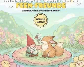 May include: A coloring book titled "MAGISCHE GÄRTEN & FEEN-FREUNDE" with a whimsical illustration. The cover features a gnome, a fox, and a fairy on a lily pad, surrounded by flowers. The text "Ausmalbuch für Erwachsene & Kinder" is also visible.