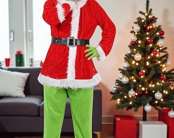 Adult Grinch Costume Christmas Santa Outfit – Funny Green Holiday Cosplay Suit for Men & Women | Grinchmas Party Costume