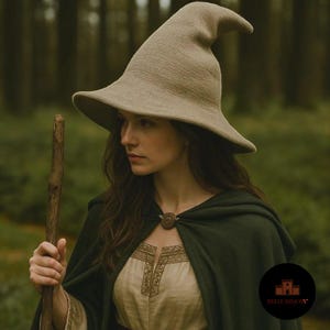 Puede incluir: Un sombrero de bruja beige con una corona puntiaguda y ala ancha. El sombrero se usa con una capa verde oscuro y un vestido de color claro con detalles bordados. Se sostiene un bastón de madera.