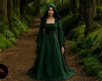 Middeleeuwse fantasiejurk met capuchon – heksenjurk dames, Renaissance Faire Queen-kostuum, sprookjesachtige trouwmanteljurk, cosplayjurk