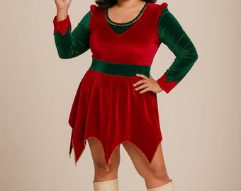 Christmas Elf Costume, Green Velvet Dress, Hat, Belt, Leggings - Etsy