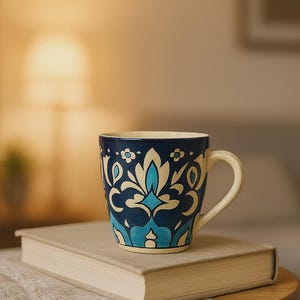 May include: A blue and cream floral patterned ceramic mug. The mug is placed on a book, with a neutral-coloured blanket and a wooden table in the background. The mug has a cream-coloured handle.