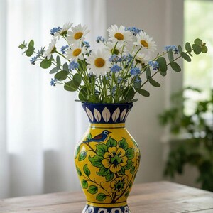 Könnte beinhalten: Eine gelbe Keramikvase mit Blumen- und Vogelmuster, die einen Strauß weißer Gänseblümchen, blauer Vergissmeinnicht und grüner Eukalyptusblätter enthält. Die Vase hat blaue und weiße Akzente und steht auf einem Holztisch.
