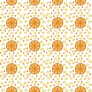 Könnte beinhalten: Ein sich wiederholendes Muster aus Orangenscheiben, gelben Blättern und kleinen roten Herzen auf weißem Hintergrund. Die Orangenscheiben sind hellorange mit einem dunkleren orangefarbenen Zentrum. Die Blätter sind hellgelb und die Herzen sind klein und rot.