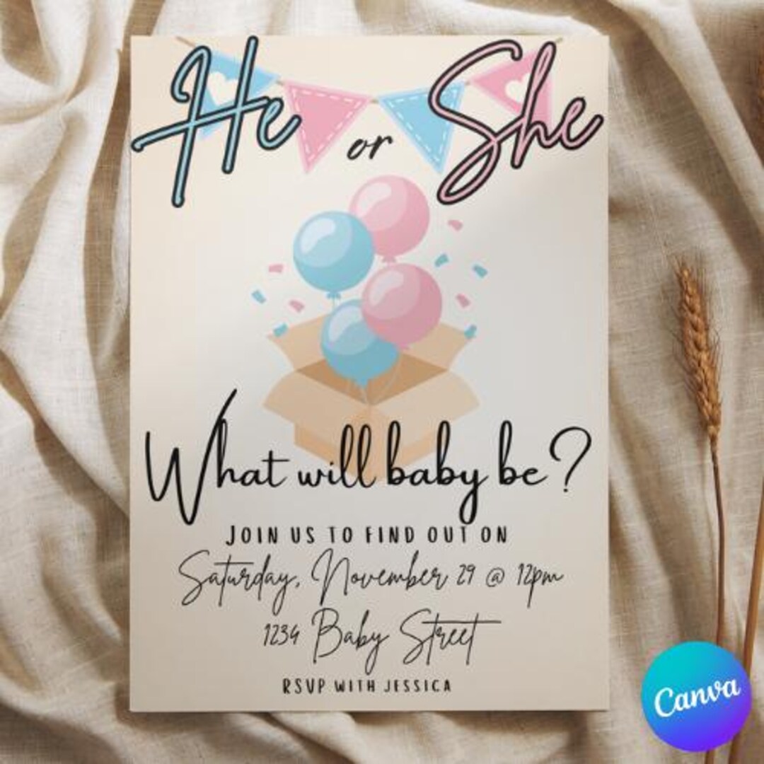 He or She Gender Reveal Invitation • Editable Canva PRO Template ...