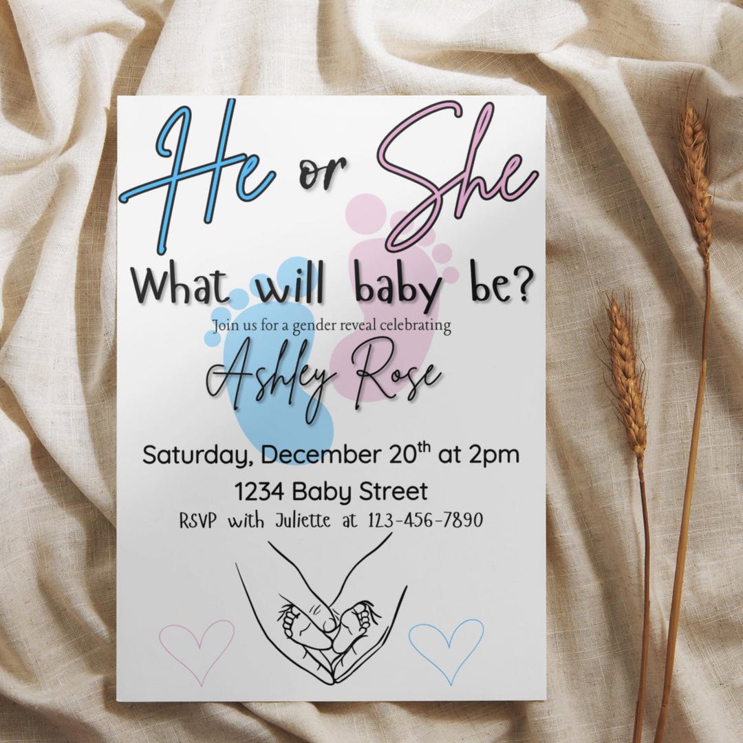 He or She Gender Reveal Invitation • Editable Canva Template • Instant ...