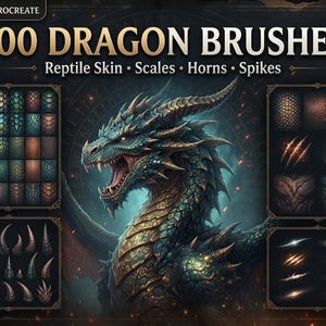 Puede incluir: Un conjunto de pinceles digitales para Procreate titulado 200 DRAGON BRUSHES, que incluye piel de reptil, escamas, cuernos y púas. El gráfico muestra una ilustración central de un dragón azul verdoso y dorado rodeado de paneles con texturas.