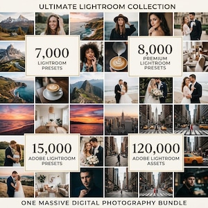 Può includere: Un pacchetto di fotografia digitale con una griglia di varie immagini tra cui paesaggi, ritratti, paesaggi urbani e foto di matrimoni. Le sovrapposizioni di testo includono Ultimate Lightroom Collection, 7.000, 8.000, 15.000, 120.000 Lightroom Presets e One Massive Digital Photography Bundle.