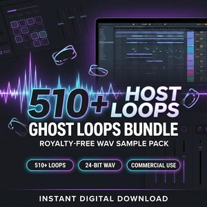 Puede incluir: Un gráfico de producto de audio digital titulado 510+ HOST LOOPS GHOST LOOPS BUNDLE ROYALTY-FREE WAV SAMPLE PACK. Muestra una pantalla de computadora con una estación de trabajo de audio digital, una consola de mezclas y luces de neón.
