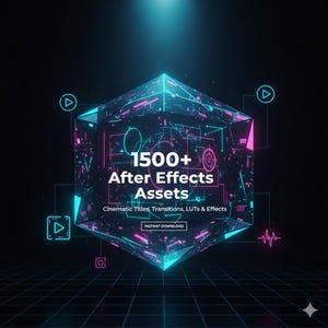 May include: A digital graphic with a geometric shape in shades of blue, pink, and teal, featuring the text "1500+ After Effects Assets." Additional text reads "Cinematic Titles, Transitions, LUTs & Effects" and "INSTANT DOWNLOAD."