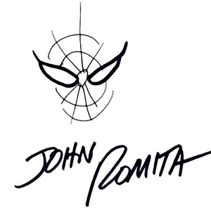 May include: Black and white illustration of Spider-Man's mask and web design. The signature of John Romita is below the mask. The artwork is a hand-drawn sketch on a white background.