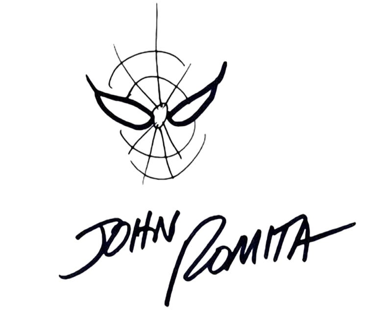 May include: Black and white illustration of Spider-Man's mask and web design. The signature of John Romita is below the mask. The artwork is a hand-drawn sketch on a white background.