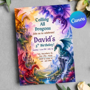 May include: A rectangular birthday invitation card featuring a watercolor illustration of four dragons in red, gold, purple, and teal. The text reads: Calling All Dragons, Join us to celebrate! David's 5th Birthday! Sunday, 2:00 PM, July 25, 123 Anywhere St.