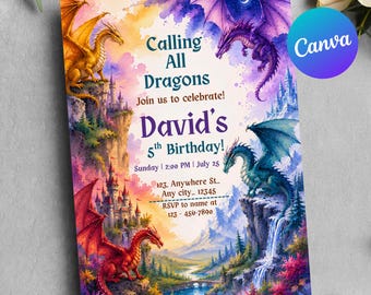 Faire-part d'anniversaire dragon, faire-part d'anniversaire dragon fantastique, invitation à une fête Dragon, faire-part Dragon, modèle de toile, carte modifiable Dragon
