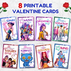 May include: Eight printable Valentine's Day cards with various designs and phrases like "Now We're Shining" and "You're My Soda Pop." Each card features a unique illustration and a space to write "From:"