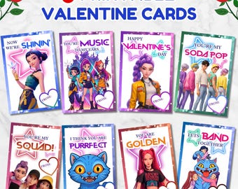Huntrix Valentines card, K pop Valentine cards, K-pop Printable Valentine Bundle with Rumi, Mira, and Zoey, Instant Download, Kpop Valentine