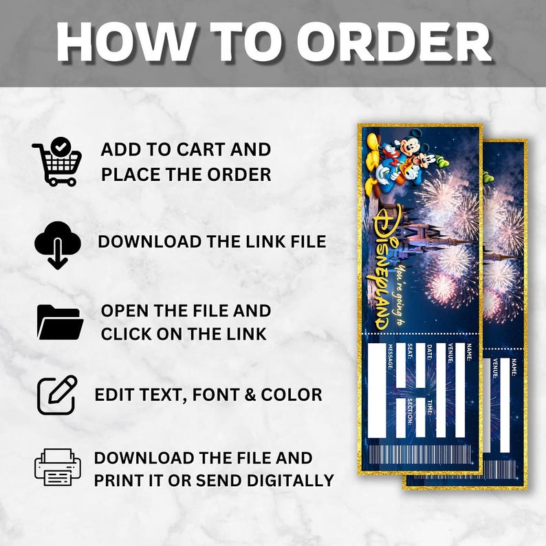 Disneyland Ticket Template, Editable Canva Golden Disneyland Park