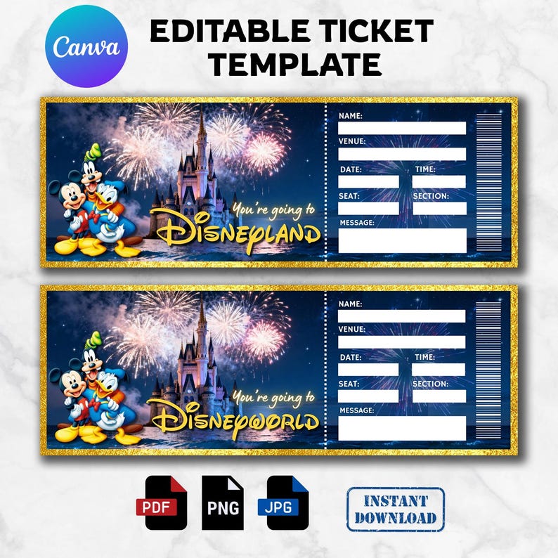 Disneyland Ticket Template, Editable Canva Golden Disneyland Park