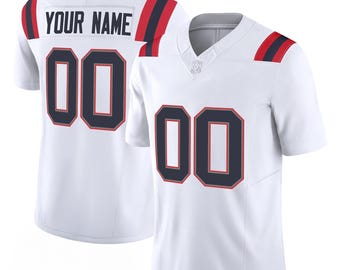 Maillot de football inspiré de la Nouvelle-Angleterre, blanc rouge marine, logo complet brodé, numéro de nom personnalisé, chemise de fan personnalisée, cadeau du jour du match