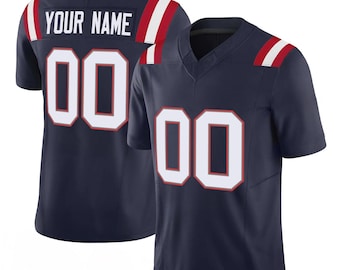 Camiseta de fútbol azul marino inspirada en Nueva Inglaterra, color rojo, bordado con el logotipo completo, nombre personalizado y número, regalo para fanáticos.