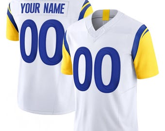 Camiseta de fútbol inspirada en la Costa Oeste, blanca, azul y amarilla, con nombre personalizado y número, para el día del juego.