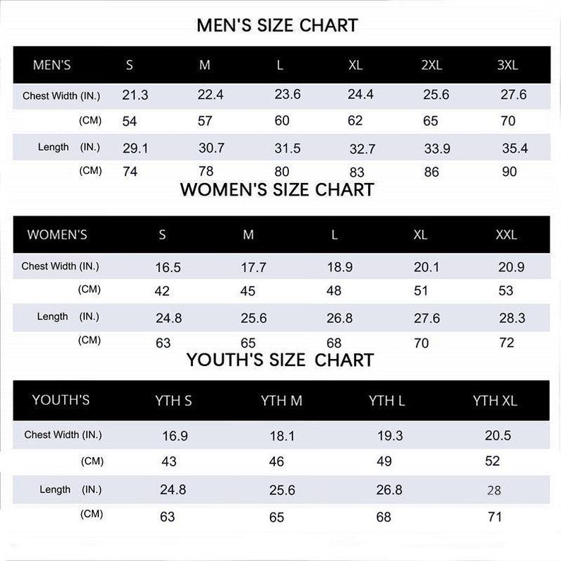 Puede incluir: Una tabla de tallas para ropa de hombre, mujer y ni&ntilde;o. Las medidas se proporcionan en pulgadas y cent&iacute;metros para el ancho del pecho y el largo. Tallas de la S a la 3XL para hombre, de la S a la XXL para mujer y de la YTH S a la YTH XL para ni&ntilde;o.