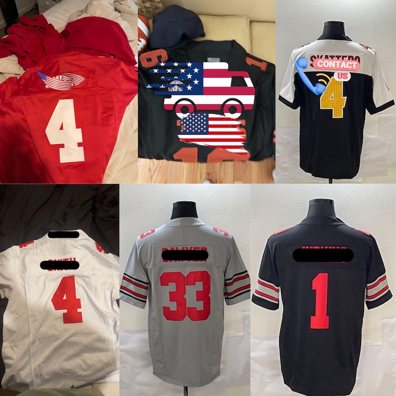 Puede incluir: Colecci&oacute;n de camisetas de f&uacute;tbol americano en rojo, negro, blanco y gris. Cada camiseta presenta un n&uacute;mero grande en la parte delantera y trasera, con mangas a rayas. Una camiseta tiene un dise&ntilde;o de bandera estadounidense con un veh&iacute;culo.