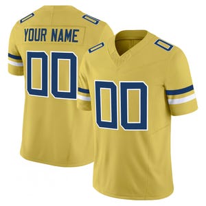 May include: Gold football jersey with navy blue accents and the number "00" on the front and back. The jersey has a V-neck and the text "YOUR NAME" on the back.
