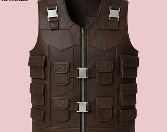 タクティカルブラックレザーベスト - 本革、マルチポケット