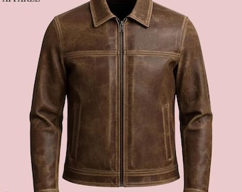 Men's Handmade Distressed Brown Leather Cafe Racer Biker Jacket