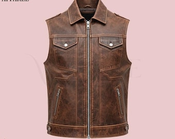 Men's Distressed Brown Black Leather Biker Vest | Vintage Style Motorcycle Club Vest | Sleeveless Jacket