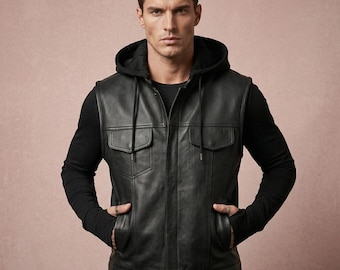 Kamizelka skórzana w stylu klubowym z kapturem | Miękka kamizelka motocyklowa z koziej skóry jagnięcej | Męska kamizelka motocyklowa
