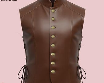 Handmade Vintage Leather Vest for Men | Medieval Vests | Button-Up Leather Waistcoat
