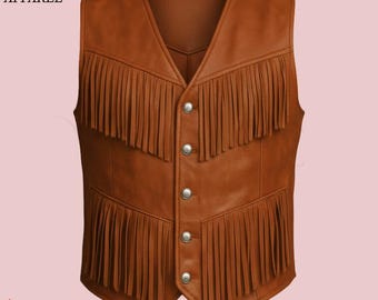 Leren herenvest met franje in western-cowboystijl | Bruin bikergilet | Hippie-bodywarmer voor dames