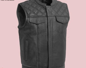 Men's Black Leather Motorcycle Vest | Quilted Biker Club Vest | Sleeveless Motorbike Waistcoat