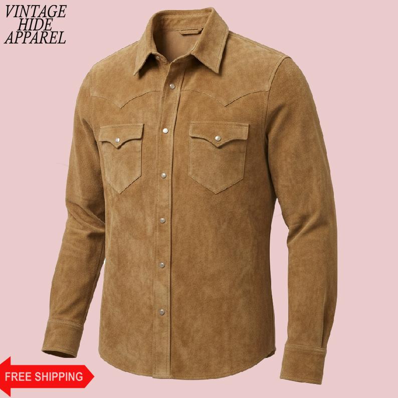Chemise homme en daim agneau velours marron fermeture par pressions modèle Tiriade