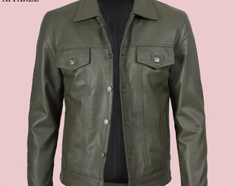 Men's Olive Green Leather Trucker Jacket | Real Leathers Coat | Vintage Style Jacket for Men