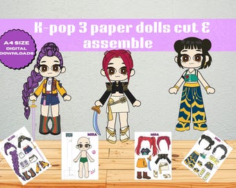 Muñecas de papel K-Pop: Juego de 3 muñecas para cortar, armar y peinar (descarga digital)