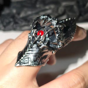 Silver Gothic Armor Ring｜Red-Black Enamel Eye｜Medieval Demon Pupil Tooth Band｜Hardcore Exaggerated