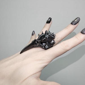 Gothic Raven Ring, Crow Skeleton Band, Custom Color Halloween Gift, Stackable Dark Jewelry