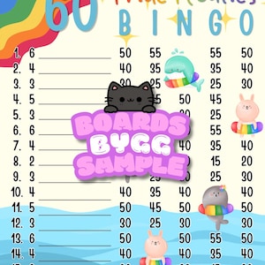 May include: A colorful Pride Floaties Bingo game board with a rainbow design. The board features a variety of cute animal illustrations, including a cat, dolphin, and bunny, each with a rainbow floatie. The text "Pride Floaties BINGO" is displayed at the top.
