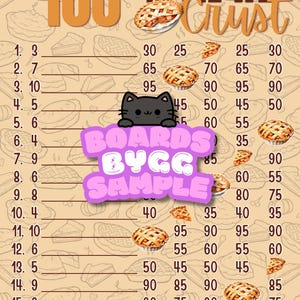 May include: A beige game board featuring a repeating pie pattern and the text 100 IN PIE WE CRUST. The board includes a numbered list from 1 to 15, columns of numbers, small pie illustrations, and a central purple graphic with a black cat icon.