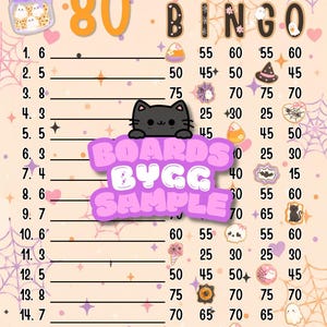 May include: A Witchy Biscuits Bingo game sheet with a light peach background featuring spiderwebs, ghosts, and hearts. The text reads Witchy Biscuits Bingo, 80, and Boards Bygg Sample. It includes a black cat illustration and numbered rows.