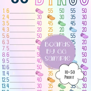 Könnte beinhalten: Ein farbenfrohes Bingo-Spielbrett mit dem Wort "BINGO" in großen Buchstaben. Die Zahlen sind in Spalten mit Schuhbildern angeordnet. Der Text "Boards By GG sample" und "10-50 PROFIT" sind ebenfalls sichtbar.